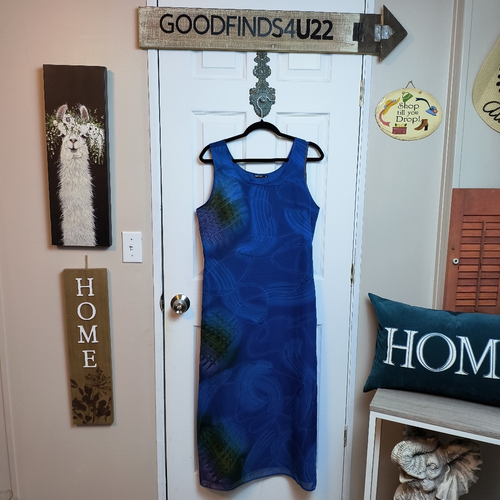 Nancy k Blue Geometric Maxi Sleeveless Dress Medium